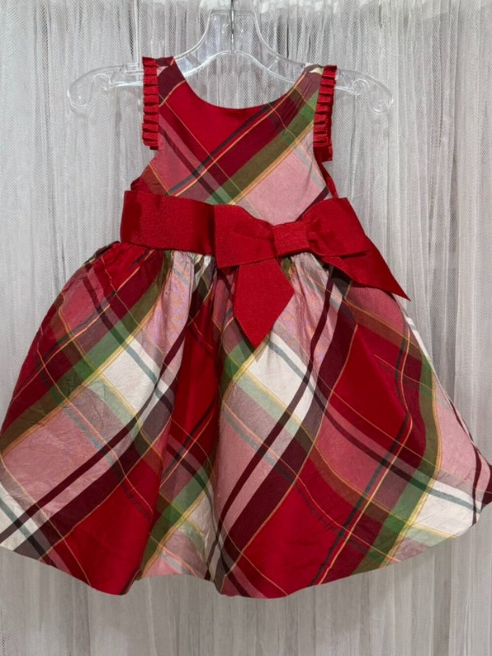 Janie and Jack Holiday Plaid Silk Party Dress Girls 6-12 Months Red Christmas